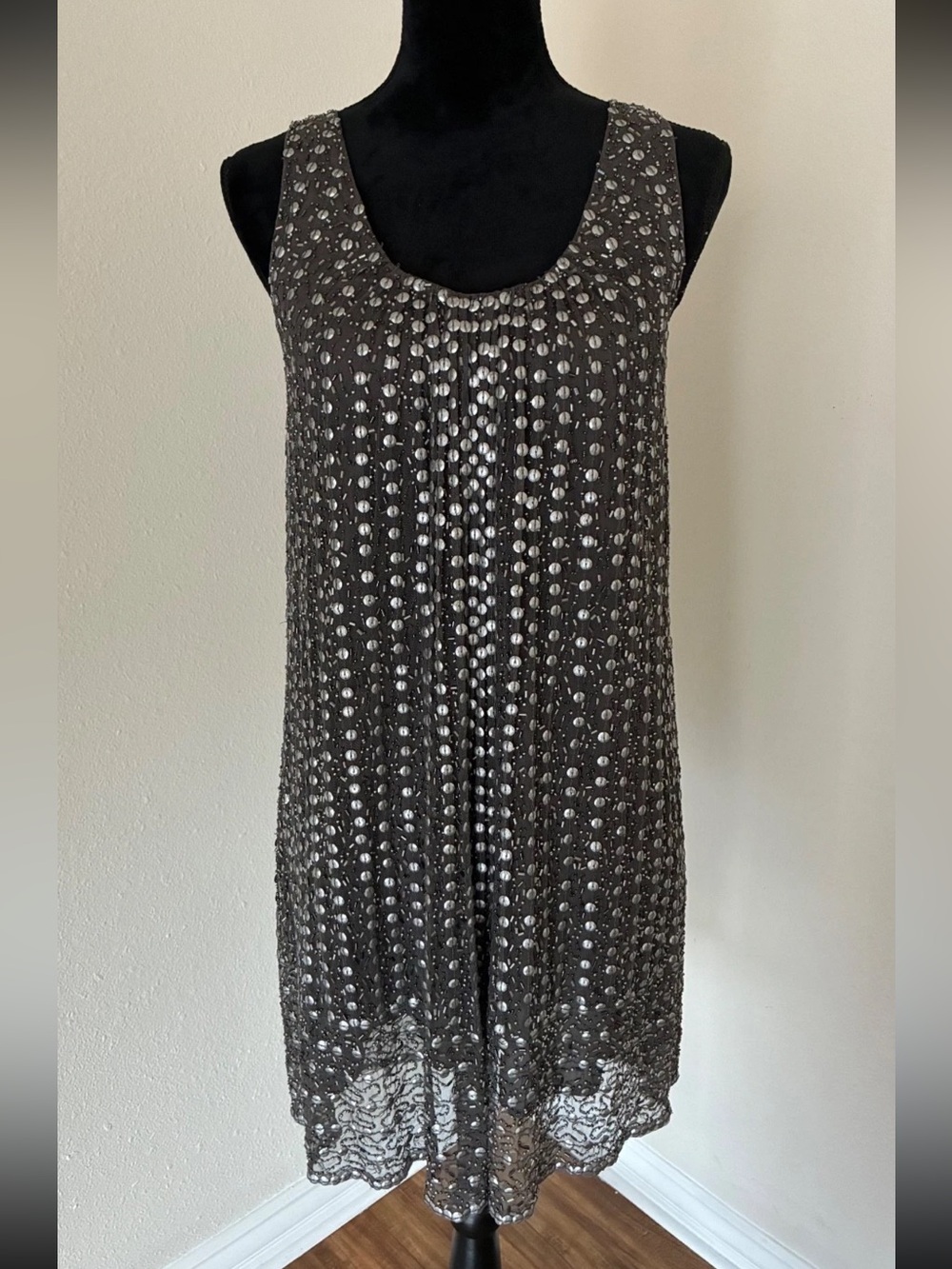 Hannah Jo Womens Gray Silver Beaded Sheer Lace A-Line Cocktail Party Dress Sz M